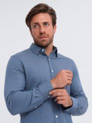 Koszula męska SLIM FIT z ozdobnej tkaniny – niebieska V1 OM-SHCS-0175 - XXL. Niebieskie koszule męskie Ombre Clothing, l, z aplikacjami, z bawełny, biznesowe, bez kołnierzyka, bez ramiączek. W wyprzedaży za 119.99 zł.