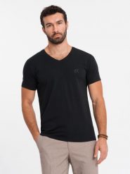 T-shirt męski V-neck SLIM FIT z elastanem i printem – czarny V1 OM-TSBC-0221 - XXL. Czarne t-shirty męskie Ombre Clothing, l, bez wzorów, z bawełny, bez kołnierzyka, bez ramiączek. W wyprzedaży za 39.99 zł.