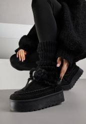 Czarne Śniegowce na Platformie Ozdobione Futerkiem i Przeszyciami Linerva. Czarne śniegowce damskie Renee, z jeansu, bez zapięcia. Za 109.99 zł.