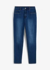 Jeansy mom ze stretchem, high waist. Niebieskie jeansy damskie bonprix, bez wzorów, z jeansu, z podwyższonym stanem. Za 104.99 zł.