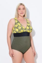 Damski Strój kąpielowy cytryny ozdobny pasek miękkie miseczki z recyklingu. Zielone stroje kąpielowe damskie Ulla Popken, plus size, bez wzorów, z elastanu. Za 191.99 zł.