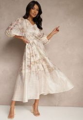 Beżowa Rozkloszowana Sukienka z Wiskozy w Kwiatowy Wzór z Wiązaniem Redilina. Brązowe sukienki damskie Renee, na imprezę, s, bez wzorów, z wiskozy, eleganckie, bez kołnierzyka, bez ramiączek, maxi, rozkloszowane. Za 249.99 zł.