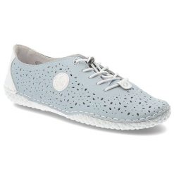 Półbuty damskie Rieker, ażurowa cholewka sznurowane lekka podeszwa wygodny codzienny fason, niebieskie, 43656-12. Niebieskie półbuty damskie Rieker, w ażurowe wzory, z jeansu, eleganckie, bez obcasa, na płaskiej podeszwie, bez zapięcia. Za 319.00 zł.