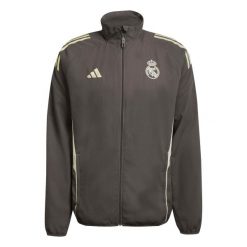 Kurtka dresowa Prematch Real Madrid 2025/26. Szare kurtki męskie Adidas, bez wzorów, z dresówki, sportowe, bez kaptura. Za 342.00 zł.