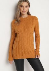 Jasnobrązowy Sweter z Wiskozą i Ozdobnym Splotem Savria. Brązowe swetry nierozpinane damskie Born2be, na zimę, bez wzorów, z wiskozy, bez kołnierzyka, bez ramiączek. Za 99.99 zł.