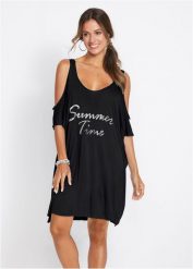 Prześwitująca sukienka plażowa. Czarne sukienki damskie bonprix, na plażę, bez wzorów, eleganckie, bez kołnierzyka, bez ramiączek. Za 62.99 zł.
