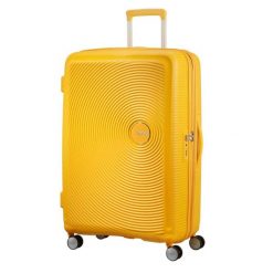 Walizka turystyczna Soundbox Spinner 77 TSA EXP 97L. Żółte walizki damskie American Tourister, bez wzorów. W wyprzedaży za 769.50 zł.