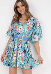 Niebieska Sukienka z Paskiem Appialla. Niebieskie sukienki damskie Born2be, na lato, l, z aplikacjami, eleganckie, bez kołnierzyka, bez ramiączek, mini, kopertowe. Za 179.99 zł.