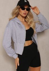 Szara Taliowana Bluza z Kapturem Zapinana na Zamek Błyskawiczny Vireapa. Szare bluzy damskie Renee, l, bez wzorów, klasyczne, bez ramiączek, z kapturem. Za 49.99 zł.