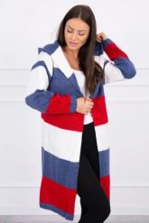 Sweter w pasy trzykolorowy ecru+jeans+czerwony. Czerwone swetry nierozpinane damskie KESI, l, bez wzorów, z jeansu, bez kołnierzyka, plus size, bez ramiączek. Za 178.78 zł.