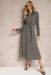 Czarno-Biała Koszulowa Sukienka Midi Ozdobiona Geometrycznym Wzorem i Wiązanym Paskiem Aripel. Czarne sukienki damskie Renee, l, bez wzorów, z materiału, eleganckie, bez kołnierzyka, bez ramiączek, midi, koszulowe. Za 159.99 zł.