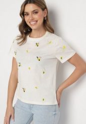 Beżowy T-shirt z Bawełny Ozdobiony Haftem Hiraviel. Brązowe t-shirty damskie Born2be, m, bez wzorów, z bawełny, bez kołnierzyka, bez ramiączek. Za 84.99 zł.