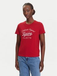 Tommy Jeans T-Shirt Essential DW0DW21404 Czerwony Regular Fit. Czerwone t-shirty damskie Tommy Jeans, xl, bez wzorów, z bawełny, bez kołnierzyka, bez ramiączek. Za 99.99 zł.