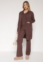 Brązowy Komplet Dzianinowy z Bawełną Spodnie Kamizelka i Długi Kardigan Meviravia. Brązowe kardigany damskie Born2be, bez wzorów, z bawełny, eleganckie, bez kołnierzyka. Za 139.99 zł.
