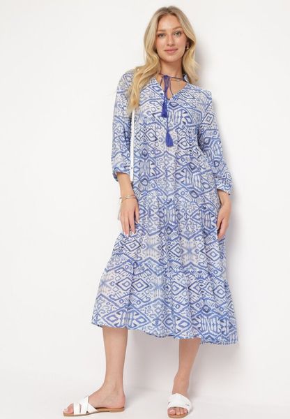 Niebieska Rozkloszowana Sukienka w Stylu Boho Wiązana przy Dekolcie z Falbankami Dimasia. Niebieskie sukienki damskie Born2be, na imprezę, l, bez wzorów, boho, bez kołnierzyka, bez ramiączek, midi, rozkloszowane. Za 119.99 zł.