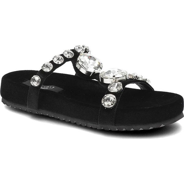 Czarne Klapki Sca'Viola Eleganckie Buty Damskie. Czarne klapki damskie Sca'viola, na lato, z aplikacjami, eleganckie, bez obcasa, bez zapięcia. Za 379.00 zł.