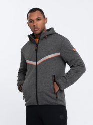 Kurtka męska sportowa z regulowanym kapturem i odblaskiem - grafitowa V1 OM-JANP-0139 - XXL. Szare kurtki sportowe męskie Ombre Clothing, m, bez wzorów, z bawełny. W wyprzedaży za 79.99 zł.