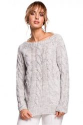 Sweter damski ze splotem typu warkocz szary. Szare swetry nierozpinane damskie Sukienki.shop, l, w ażurowe wzory, z dzianiny, biznesowe, bez kołnierzyka, bez ramiączek. Za 109.00 zł.