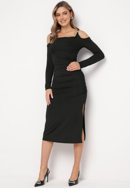 Czarna Koktajlowa Sukienka z Wyciętym Ramionami z Klamerką i Marszczeniem Glimie. Czarne sukienki damskie Born2be, na imprezę, l, bez wzorów, wizytowe, bez kołnierzyka, bez ramiączek. Za 64.99 zł.