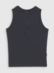 4F Crop-top slim damski - czarny M. Czarne topy damskie 4F, m, bez wzorów, z dzianiny, sportowe, bez kołnierzyka, bez ramiączek. Za 69.99 zł.