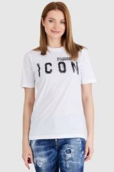 DSQUARED2 Biały t-shirt damski icon spray, Rozmiar M. Białe t-shirty damskie Dsquared2, m, bez wzorów, prążkowane, bez kołnierzyka, bez ramiączek. W wyprzedaży za 699.99 zł.