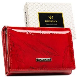 Lakierowany czerwony portfel damski skórzany średniej wielkości RFID Rovicky RPN-30-YM. Czerwone portfele damskie ROVICKY, z lakierowanej skóry. Za 69.99 zł.