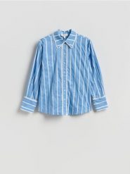 Koszula w paski - jasnoniebieski. Niebieskie koszule damskie Reserved, l, bez wzorów, z bawełny, bez kołnierzyka, bez ramiączek. Za 159.99 zł.