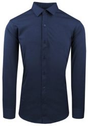 Męska Koszula z Dzianinowej Tkaniny - Krój Taliowany - Ciemny Niebieski. Niebieskie koszule męskie Pazzani, m, bez wzorów, z bawełny, eleganckie, bez kołnierzyka, bez ramiączek. Za 199.00 zł.