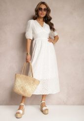Biała Sukienka z Bawełny o Haftowanym Wykończeniu z Gumką w Talii Lomeda. Białe sukienki damskie Renee, na imprezę, na lato, m, bez wzorów, z bawełny, eleganckie, bez kołnierzyka, bez ramiączek, maxi. Za 99.99 zł.