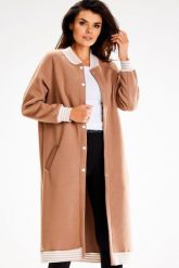Długa Rozpinana Bluza ze Stójką - Beżowa. Brązowe bluzy damskie Awama, l, bez wzorów, z bawełny, bez ramiączek, bez kaptura. Za 228.90 zł.