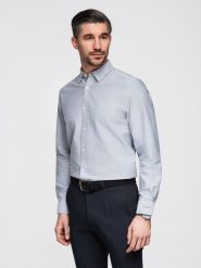 Elegancka koszula męska oxford z haftem – jasnoszara V2 - Rozmiar: XL. Szare koszule męskie Ombre Clothing, l, z aplikacjami, z bawełny, biznesowe, bez kołnierzyka, bez ramiączek. W wyprzedaży za 89.99 zł.