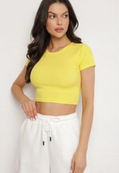 Żółty T-shirt z Prążkowanego Materiału o Krótkim Kroju Telunna. Żółte t-shirty damskie Born2be, l, bez wzorów, z jeansu, eleganckie, bez kołnierzyka, bez ramiączek. Za 29.99 zł.