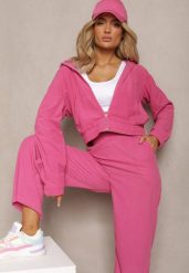 Fuksjowy Sztruksowy Komplet Dresowy Luźne Spodnie i Rozpinana Bluza z Kapturem Compia. Czerwone bluzy damskie Renee, m, bez wzorów, z dresówki, bez ramiączek, z kapturem. Za 74.99 zł.
