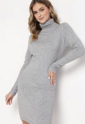 Jasnoszara Sukienka Midi z Golfem o Sweterkowym Fasonie Abdone. Szare sukienki damskie Born2be, bez wzorów, bez kołnierzyka, bez ramiączek, midi. Za 89.99 zł.