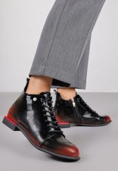 Czarno-Czerwone Lakierowane Botki Vices w Stylu Trzewików Jenisse. Czarne botki damskie Born2be, bez wzorów, z jeansu, biznesowe, bez obcasa, na płaskiej podeszwie, bez zapięcia. Za 89.99 zł.