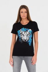 GUESS Czarny t-shirt z printem. Czarne t-shirty damskie Guess, s, z aplikacjami, z bawełny, bez kołnierzyka, bez ramiączek. W wyprzedaży za 207.99 zł.
