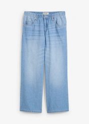 Dżinsy Straight, mid waist, z wygodnym paskiem, łów stretch, cropped. Niebieskie jeansy damskie bonprix, bez wzorów, z bawełny, krótkie. Za 109.99 zł.