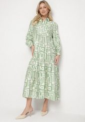 Zielona Rozkloszowana Sukienka Koszulowa z Wiskozą w Geometryczny Wzór Alineria. Zielone sukienki damskie Born2be, na co dzień, l, bez wzorów, z bawełny, eleganckie, bez kołnierzyka, bez ramiączek, maxi, koszulowe. Za 139.99 zł.