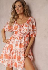 Pomarańczowa Sukienka Mini z Hiszpańskim Dekoltem i Gumką w Talii Lisella. Brązowe sukienki damskie Renee, l, bez wzorów, z tkaniny, bez kołnierzyka, bez ramiączek, mini, rozkloszowane. Za 29.99 zł.