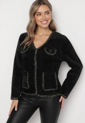 Czarny Sweter Kardigan z Ozdobnymi Guzikami i Kieszeniami Przeszyty Metaliczną Nicią Getira. Czarne kardigany damskie Born2be, l, bez wzorów, z jeansu, eleganckie, bez kołnierzyka. Za 99.99 zł.