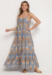 Niebiesko-Beżowa Sukienka o Rozkloszowanym Kroju Boho na Cienkich Ramiączkach Tosave. Niebieskie sukienki damskie Born2be, na co dzień, na lato, l, z aplikacjami, boho, bez kołnierzyka, bez ramiączek, midi, proste. Za 64.99 zł.