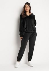 Czarny Welurowy Komplet Dresowy Bluza z Trójkątnym Dekoltem i Spodnie z Kieszeniami Onchia. Czarne bluzy damskie Born2be, l, bez wzorów, z dresówki, eleganckie, bez ramiączek, bez kaptura. Za 119.99 zł.
