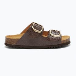 Klapki damskie Scholl Noelle Syntetic Reptile. Brązowe klapki damskie Scholl, bez wzorów, z materiału, sportowe, bez obcasa, bez zapięcia. Za 249.99 zł.