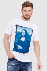 OFF-WHITE Biały t-shirt męski z nadrukiem mona lisy. Białe t-shirty męskie OFF-WHITE, l, bez wzorów, bez kołnierzyka, bez ramiączek. W wyprzedaży za 999.99 zł.