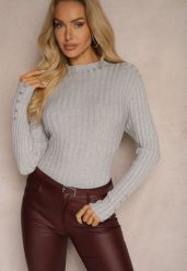 Szary Półgolf Sweter Prążkowany z Bawełną Wiskozą i Guzikami Tiathena. Szare swetry nierozpinane damskie Renee, m, bez wzorów, z bawełny, biznesowe, bez kołnierzyka, bez ramiączek. Za 54.99 zł.