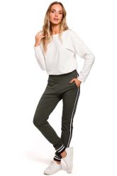 Zielone Dzianinowe Spodnie z Lampasem i Ściągaczami. Zielone spodnie dresowe damskie MOE, bez wzorów, z bawełny. Za 229.90 zł.