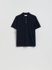 Sweter polo z bawełną - granatowy. Niebieskie swetry męskie Reserved, l, bez wzorów, z bawełny, bez kołnierzyka, bez ramiączek. Za 119.99 zł.