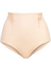 "Figi ""panty"" shape, silny stopień modelowania sylwetki". Brązowe majtki damskie bonprix, z koronki. Za 72.99 zł.