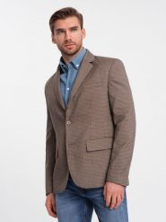 Marynarka męska casual w delikatną kratkę - brązowa V1 OM-BLZB-0116 - XL. Brązowe garnitury męskie Ombre Clothing, l, bez wzorów, z poliesteru, casualowe. W wyprzedaży za 149.99 zł.
