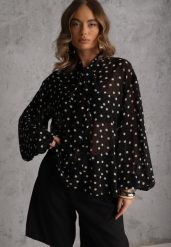 Czarna Półprzezroczysta Koszula w Kropki z Wiskozy i Bawełny z Wiązaniem Delmara. Czarne koszule damskie Renee, m, bez wzorów, z bawełny, retro, bez kołnierzyka, bez ramiączek. Za 109.99 zł.